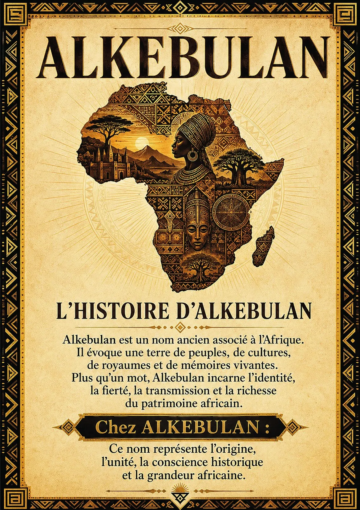 Affiche « L'histoire d'Alkebulan » : carte de l'Afrique et texte sur l'origine du nom